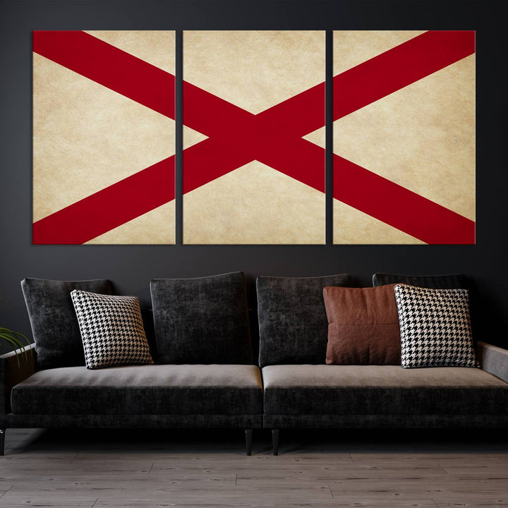 The USA Alabama States Flag Wall Art, featuring a red diagonal cross on a cream background, is elegantly displayed on museum-quality canvas with a UV-protective coating.