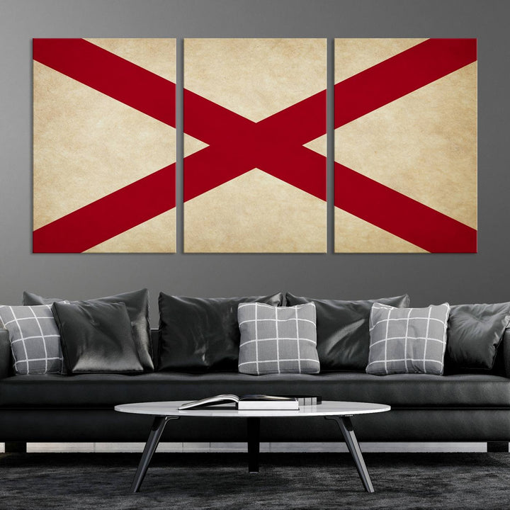 The USA Alabama States Flag Wall Art, featuring a red diagonal cross on a cream background, is elegantly displayed on museum-quality canvas with a UV-protective coating.