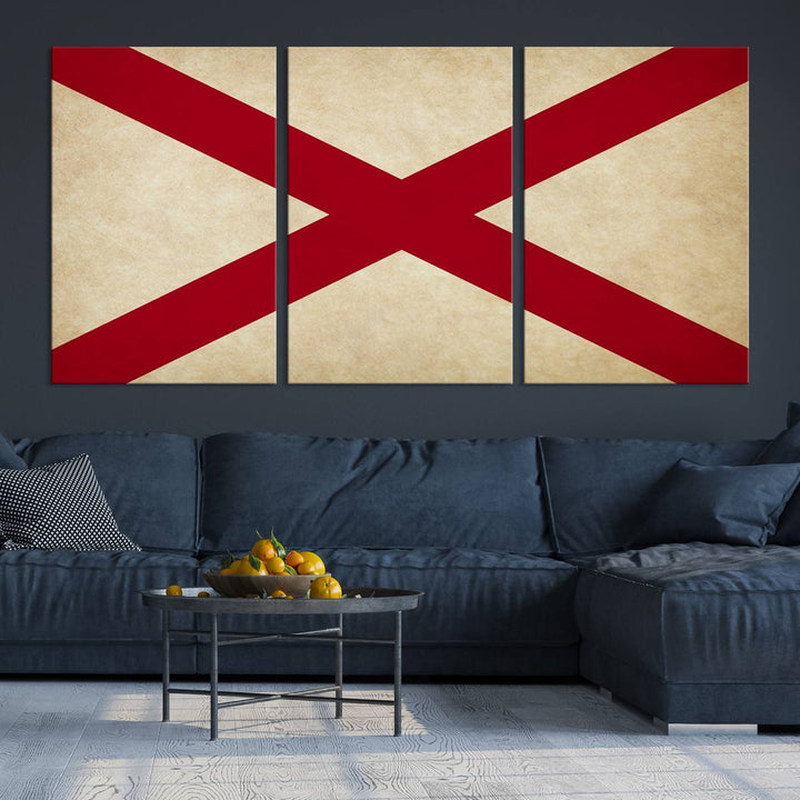 The USA Alabama States Flag Wall Art, featuring a red diagonal cross on a cream background, is elegantly displayed on museum-quality canvas with a UV-protective coating.