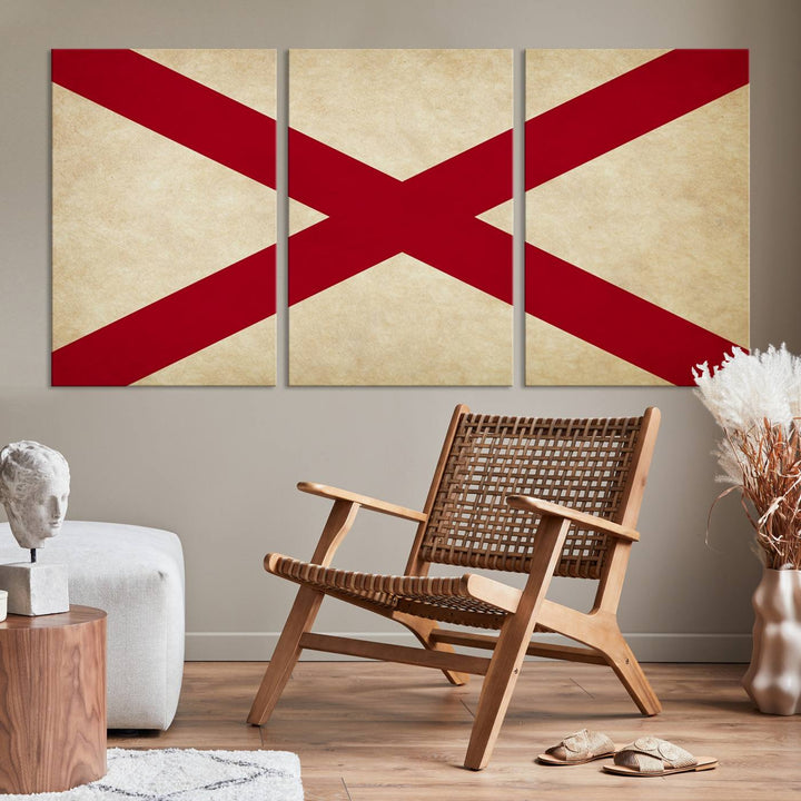 The USA Alabama States Flag Wall Art, featuring a red diagonal cross on a cream background, is elegantly displayed on museum-quality canvas with a UV-protective coating.