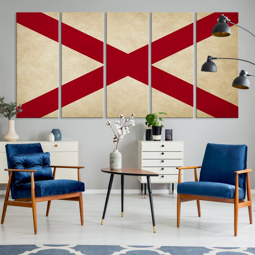 The USA Alabama States Flag Wall Art, featuring a red diagonal cross on a cream background, is elegantly displayed on museum-quality canvas with a UV-protective coating.