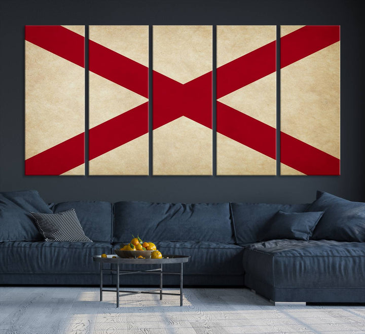 The USA Alabama States Flag Wall Art, featuring a red diagonal cross on a cream background, is elegantly displayed on museum-quality canvas with a UV-protective coating.