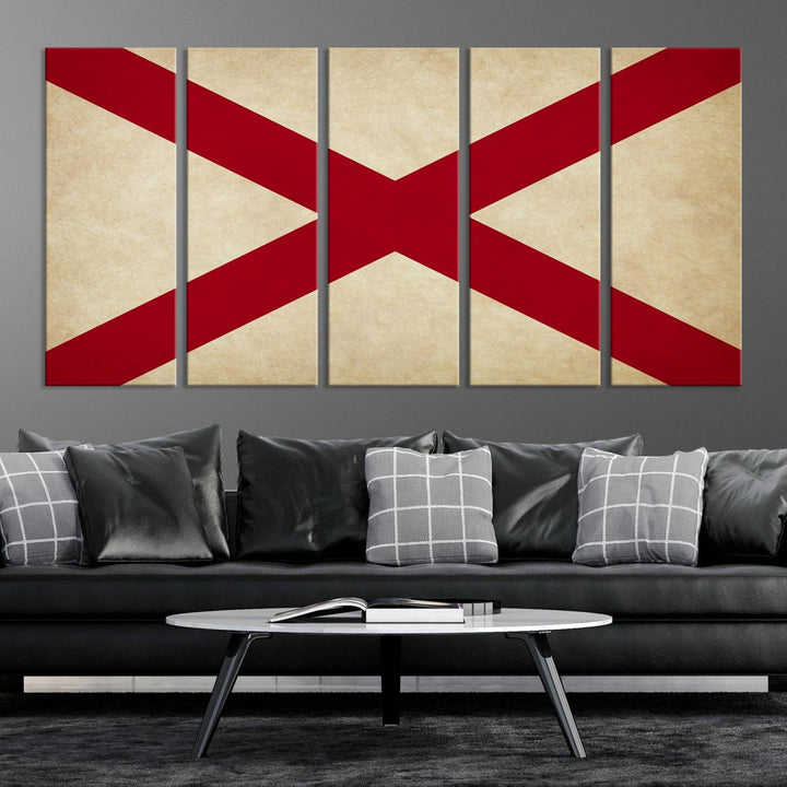 The USA Alabama States Flag Wall Art, featuring a red diagonal cross on a cream background, is elegantly displayed on museum-quality canvas with a UV-protective coating.