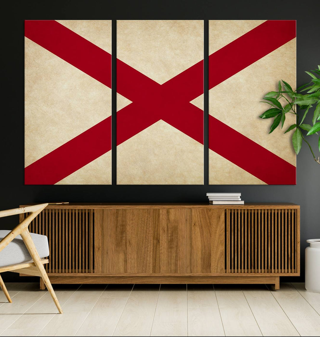 The USA Alabama States Flag Wall Art, featuring a red diagonal cross on a cream background, is elegantly displayed on museum-quality canvas with a UV-protective coating.