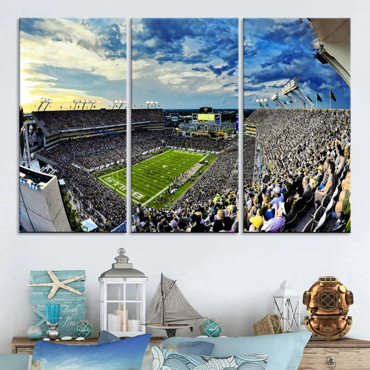 A panoramic view of a crowded Raymond James Stadium at sunset, featuring the USF Bulls Football Team, is captured on premium canvas to create stunning wall art.