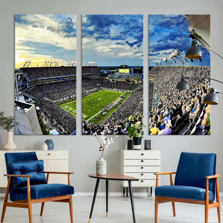 A panoramic view of a crowded Raymond James Stadium at sunset, featuring the USF Bulls Football Team, is captured on premium canvas to create stunning wall art.