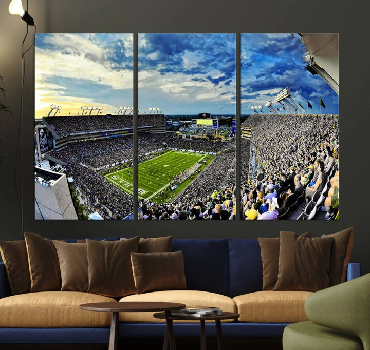 A panoramic view of a crowded Raymond James Stadium at sunset, featuring the USF Bulls Football Team, is captured on premium canvas to create stunning wall art.