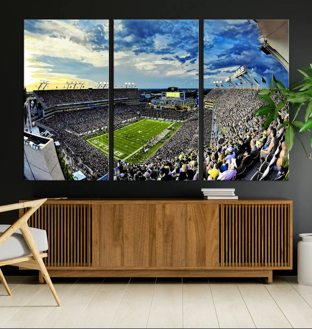 A panoramic view of a crowded Raymond James Stadium at sunset, featuring the USF Bulls Football Team, is captured on premium canvas to create stunning wall art.