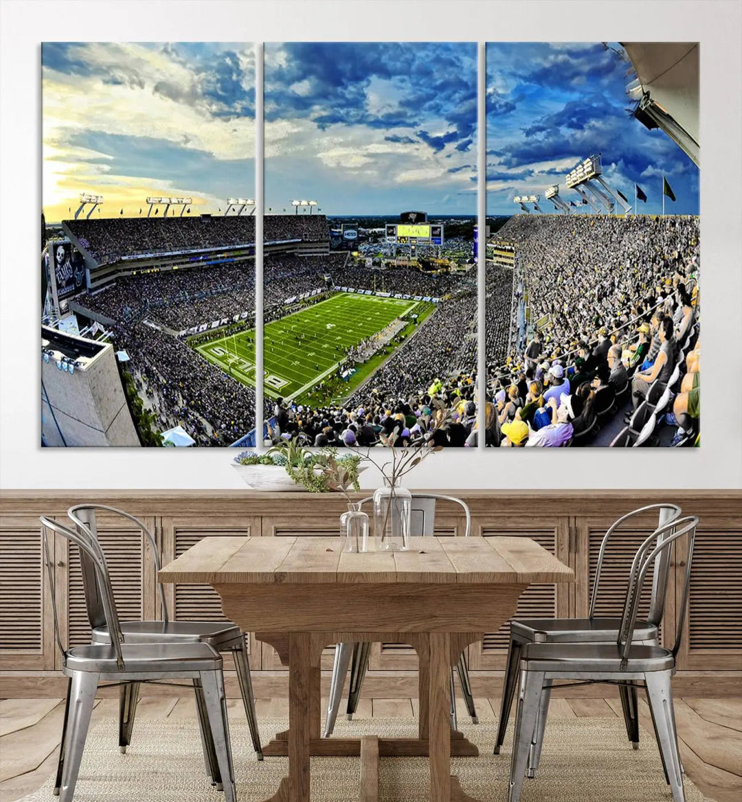 A panoramic view of a crowded Raymond James Stadium at sunset, featuring the USF Bulls Football Team, is captured on premium canvas to create stunning wall art.