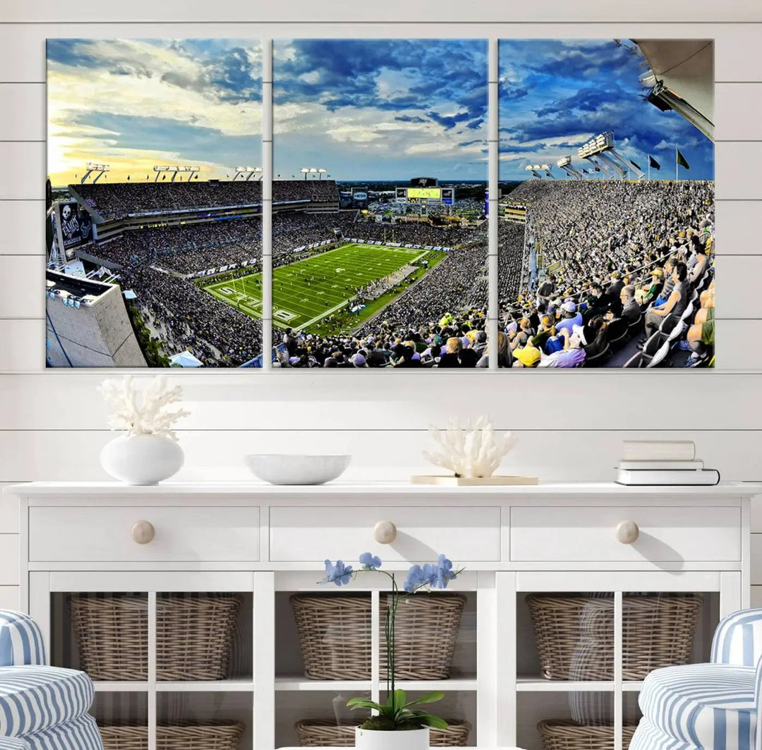 A panoramic view of a crowded Raymond James Stadium at sunset, featuring the USF Bulls Football Team, is captured on premium canvas to create stunning wall art.