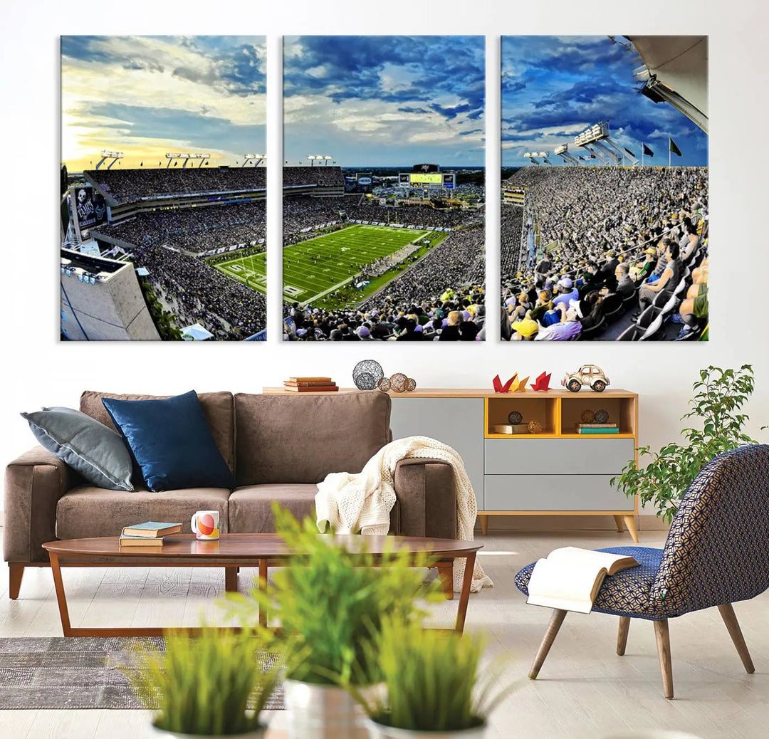 A panoramic view of a crowded Raymond James Stadium at sunset, featuring the USF Bulls Football Team, is captured on premium canvas to create stunning wall art.