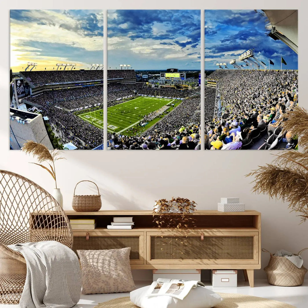 A panoramic view of a crowded Raymond James Stadium at sunset, featuring the USF Bulls Football Team, is captured on premium canvas to create stunning wall art.