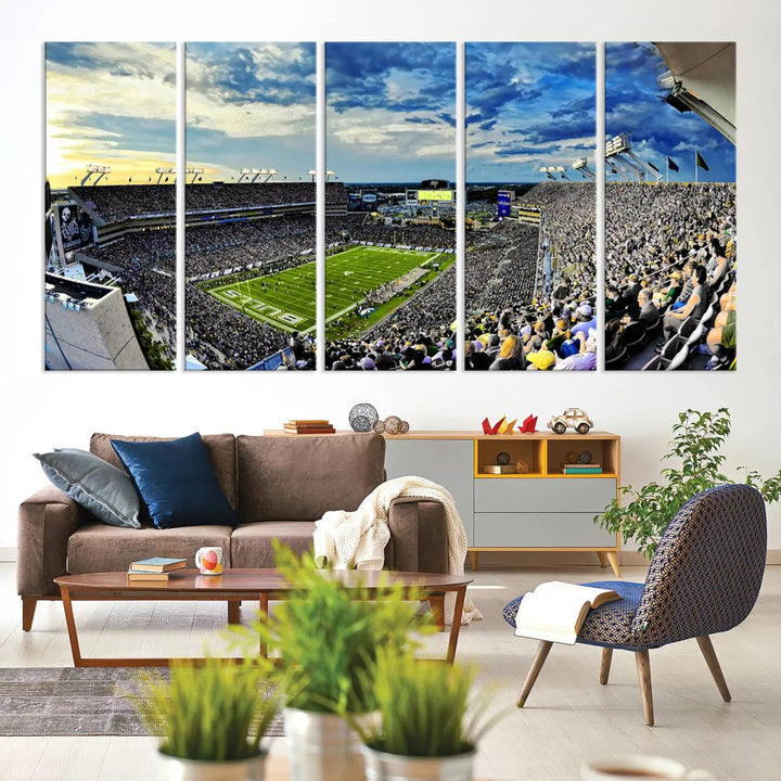 A panoramic view of a crowded Raymond James Stadium at sunset, featuring the USF Bulls Football Team, is captured on premium canvas to create stunning wall art.