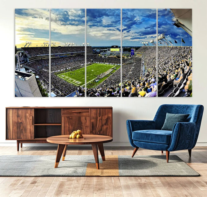 A panoramic view of a crowded Raymond James Stadium at sunset, featuring the USF Bulls Football Team, is captured on premium canvas to create stunning wall art.