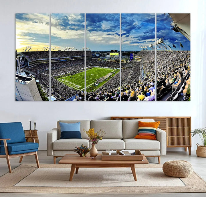 A panoramic view of a crowded Raymond James Stadium at sunset, featuring the USF Bulls Football Team, is captured on premium canvas to create stunning wall art.