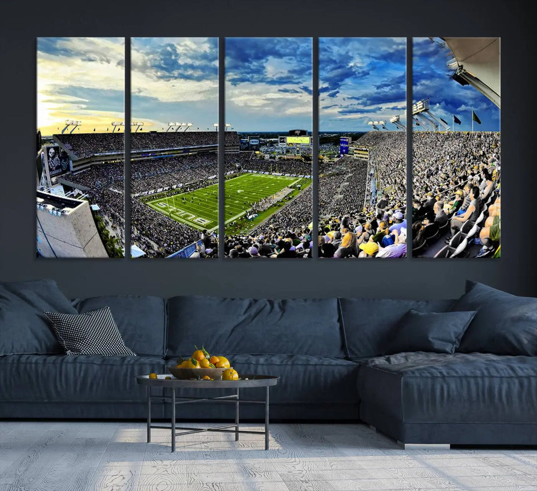 A panoramic view of a crowded Raymond James Stadium at sunset, featuring the USF Bulls Football Team, is captured on premium canvas to create stunning wall art.