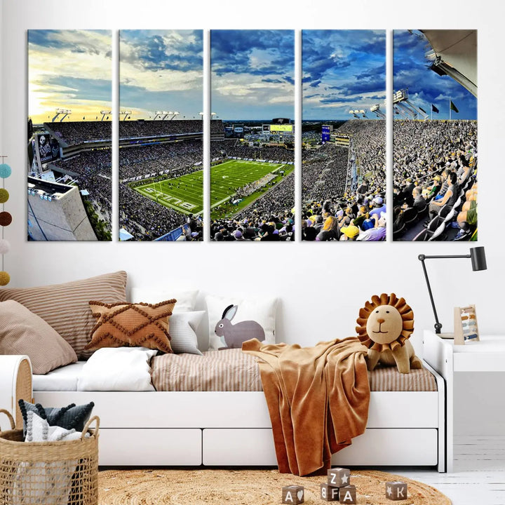 A panoramic view of a crowded Raymond James Stadium at sunset, featuring the USF Bulls Football Team, is captured on premium canvas to create stunning wall art.