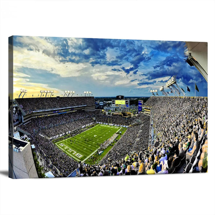 A panoramic view of a crowded Raymond James Stadium at sunset, featuring the USF Bulls Football Team, is captured on premium canvas to create stunning wall art.