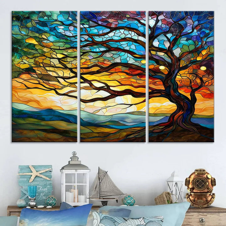 The Vibrant Mosaic Tree of Life Wall Art, with its stained glass style canvas print, is cleverly divided into three panels.