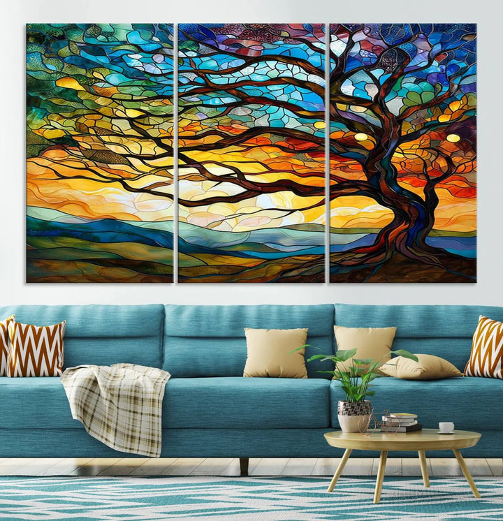 The Vibrant Mosaic Tree of Life Wall Art, with its stained glass style canvas print, is cleverly divided into three panels.