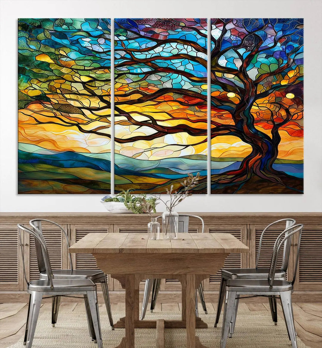 The Vibrant Mosaic Tree of Life Wall Art, with its stained glass style canvas print, is cleverly divided into three panels.