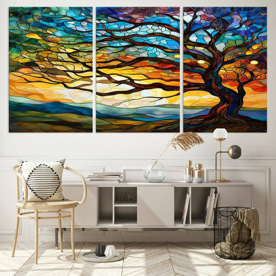 The Vibrant Mosaic Tree of Life Wall Art, with its stained glass style canvas print, is cleverly divided into three panels.