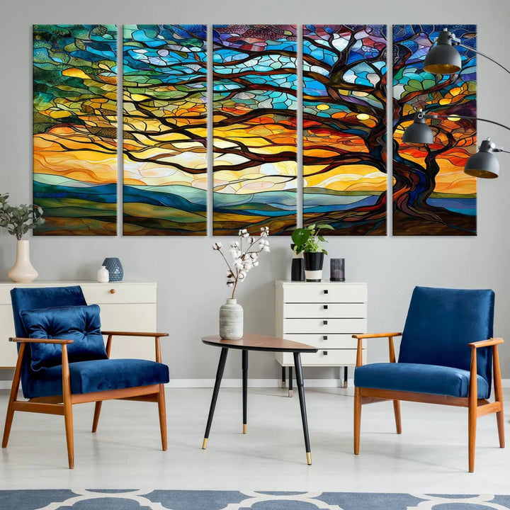 The Vibrant Mosaic Tree of Life Wall Art, with its stained glass style canvas print, is cleverly divided into three panels.