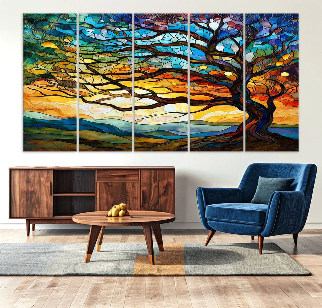 The Vibrant Mosaic Tree of Life Wall Art, with its stained glass style canvas print, is cleverly divided into three panels.