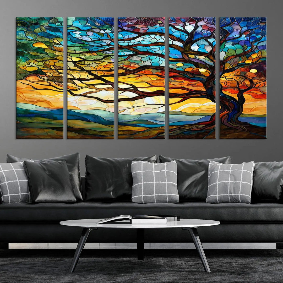 The Vibrant Mosaic Tree of Life Wall Art, with its stained glass style canvas print, is cleverly divided into three panels.