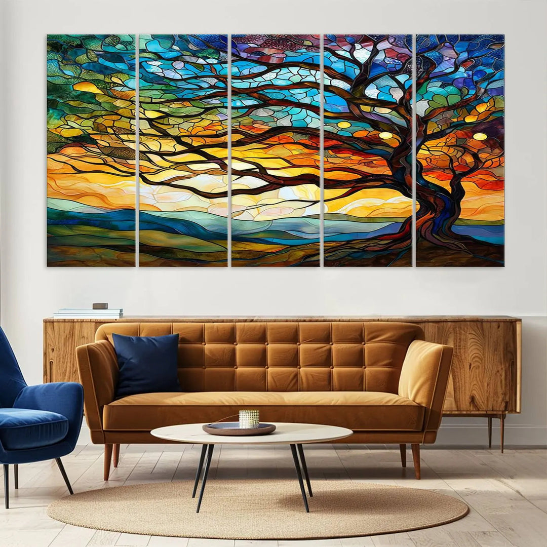 The Vibrant Mosaic Tree of Life Wall Art, with its stained glass style canvas print, is cleverly divided into three panels.