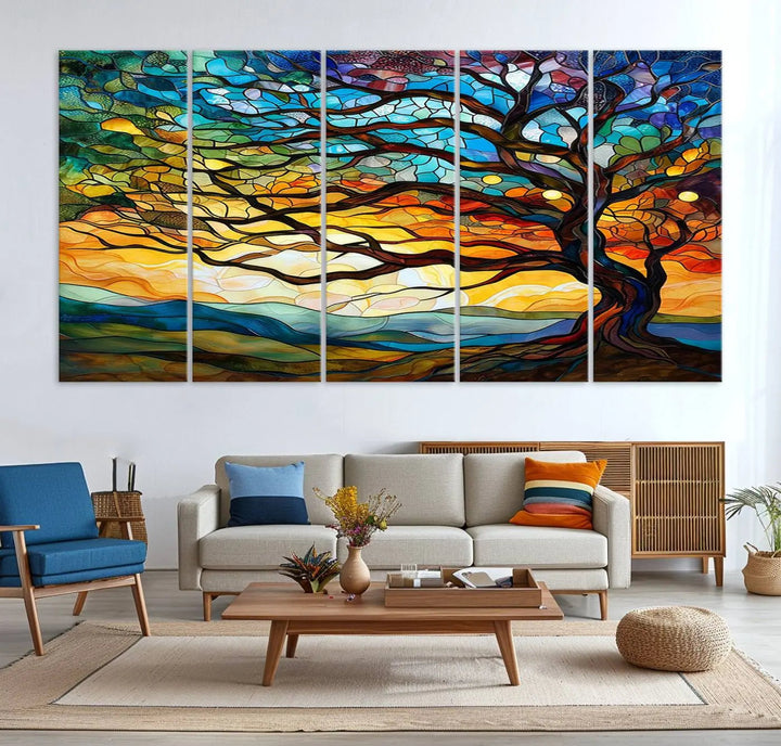 The Vibrant Mosaic Tree of Life Wall Art, with its stained glass style canvas print, is cleverly divided into three panels.