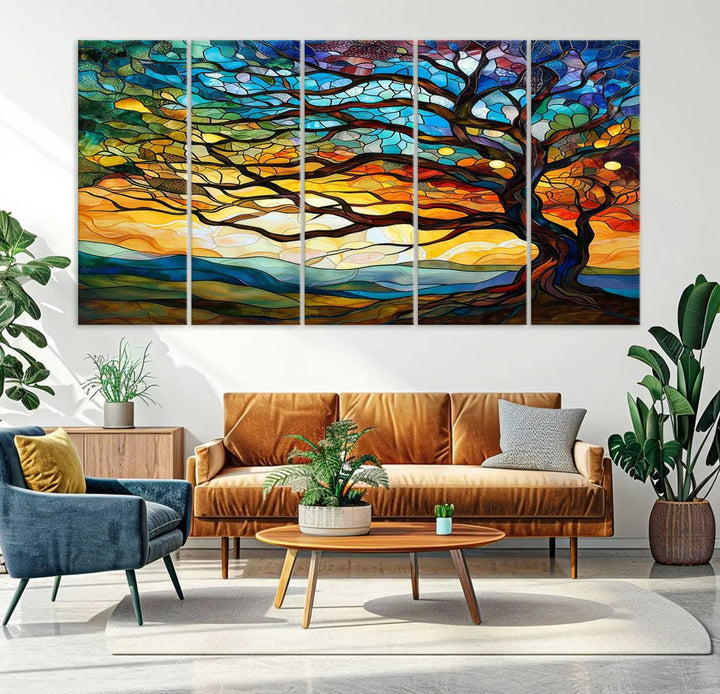 The Vibrant Mosaic Tree of Life Wall Art, with its stained glass style canvas print, is cleverly divided into three panels.