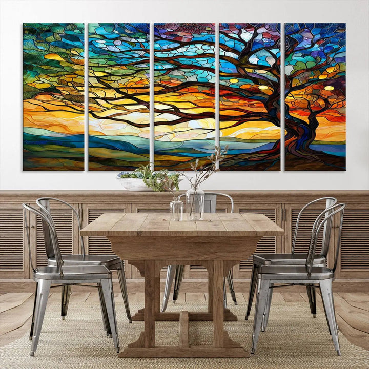 The Vibrant Mosaic Tree of Life Wall Art, with its stained glass style canvas print, is cleverly divided into three panels.