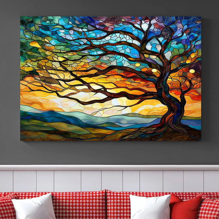 The Vibrant Mosaic Tree of Life Wall Art, with its stained glass style canvas print, is cleverly divided into three panels.