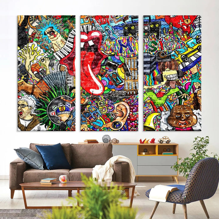 The Vibrant Music Graffiti Wall Art Canvas Print, featuring an array of characters and symbols, brings life to a gallery-wrapped, museum-quality canvas. Its UV-protective coating keeps the artwork vibrant over time.