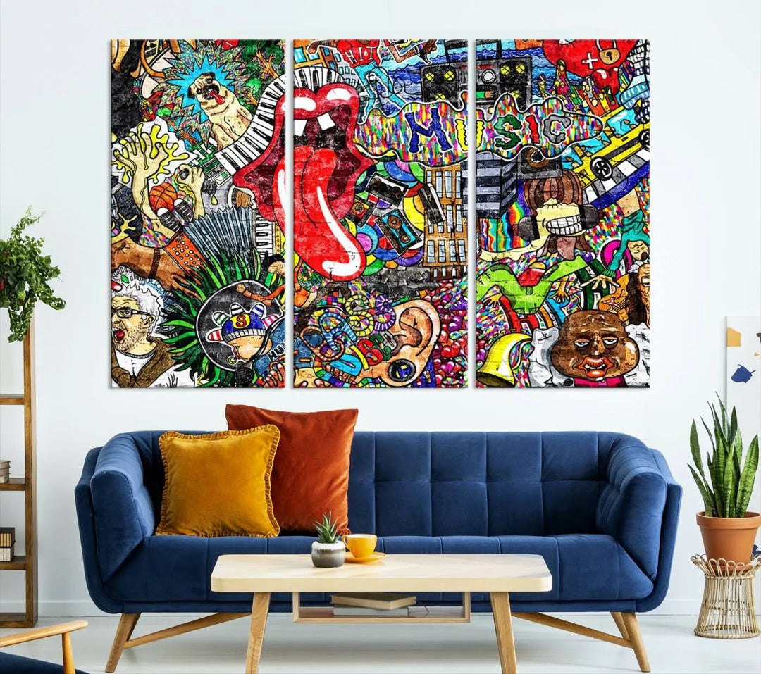 The Vibrant Music Graffiti Wall Art Canvas Print, featuring an array of characters and symbols, brings life to a gallery-wrapped, museum-quality canvas. Its UV-protective coating keeps the artwork vibrant over time.