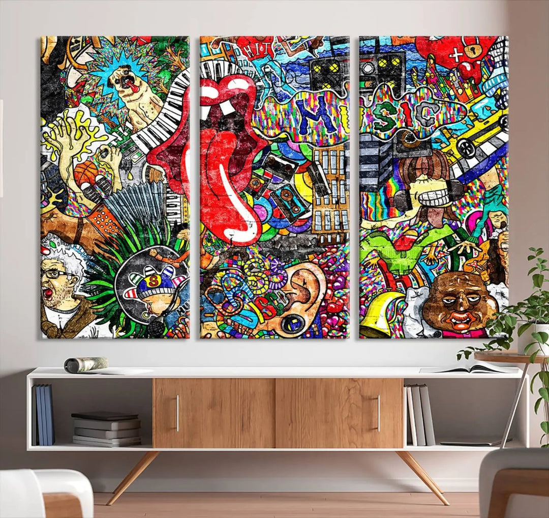 The Vibrant Music Graffiti Wall Art Canvas Print, featuring an array of characters and symbols, brings life to a gallery-wrapped, museum-quality canvas. Its UV-protective coating keeps the artwork vibrant over time.