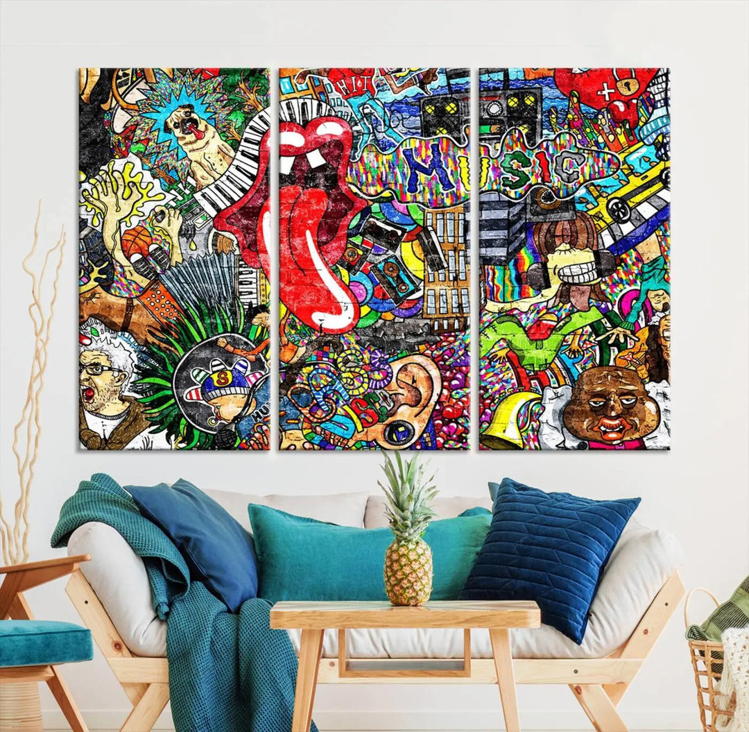 The Vibrant Music Graffiti Wall Art Canvas Print, featuring an array of characters and symbols, brings life to a gallery-wrapped, museum-quality canvas. Its UV-protective coating keeps the artwork vibrant over time.