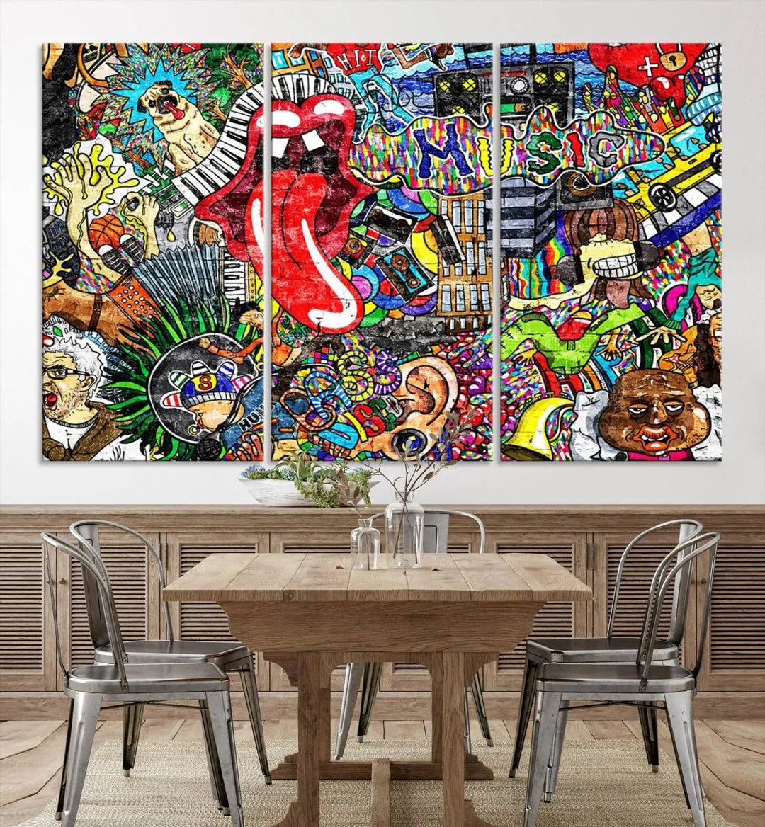 The Vibrant Music Graffiti Wall Art Canvas Print, featuring an array of characters and symbols, brings life to a gallery-wrapped, museum-quality canvas. Its UV-protective coating keeps the artwork vibrant over time.