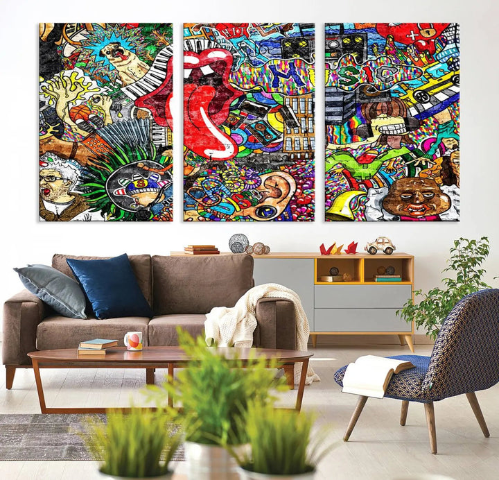 The Vibrant Music Graffiti Wall Art Canvas Print, featuring an array of characters and symbols, brings life to a gallery-wrapped, museum-quality canvas. Its UV-protective coating keeps the artwork vibrant over time.