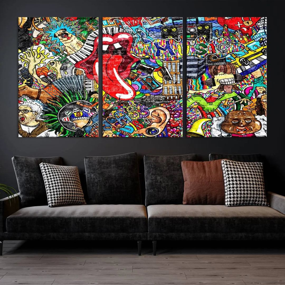 The Vibrant Music Graffiti Wall Art Canvas Print, featuring an array of characters and symbols, brings life to a gallery-wrapped, museum-quality canvas. Its UV-protective coating keeps the artwork vibrant over time.