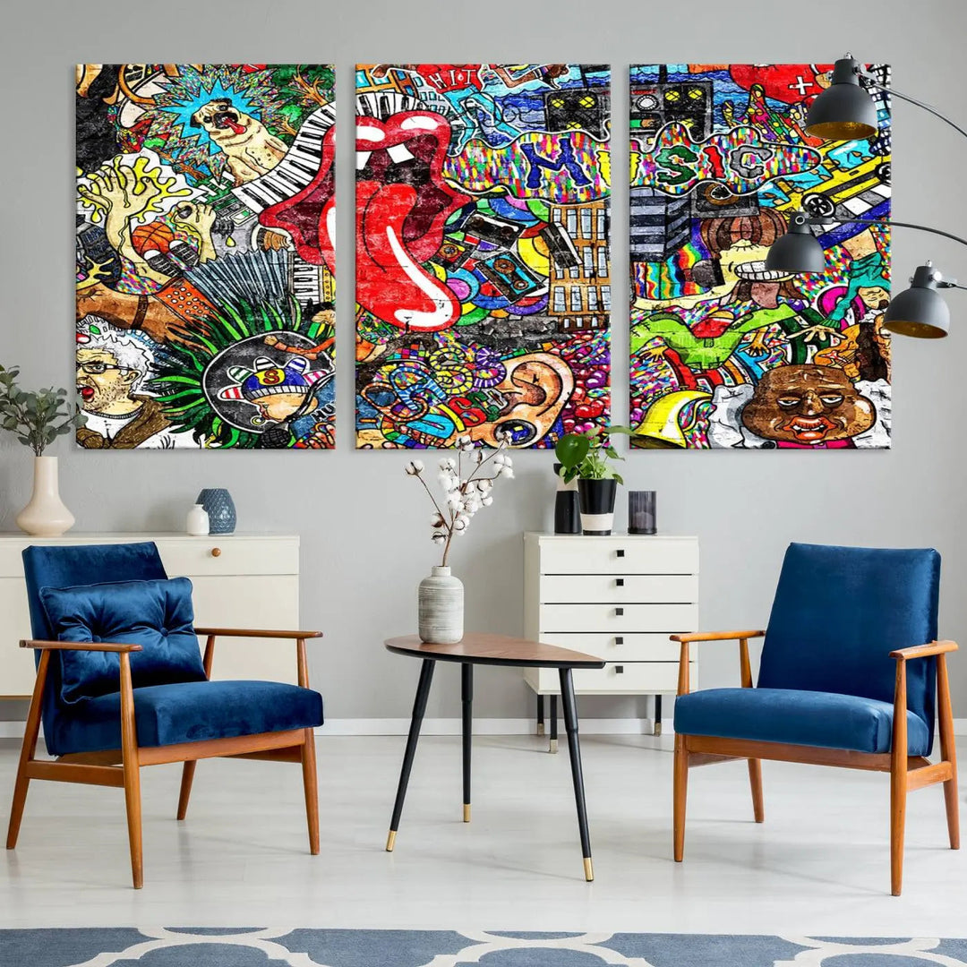 The Vibrant Music Graffiti Wall Art Canvas Print, featuring an array of characters and symbols, brings life to a gallery-wrapped, museum-quality canvas. Its UV-protective coating keeps the artwork vibrant over time.