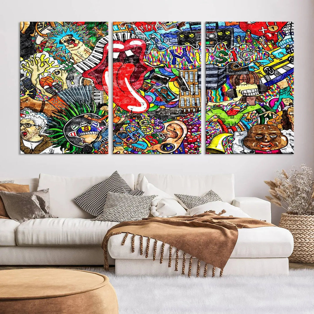 The Vibrant Music Graffiti Wall Art Canvas Print, featuring an array of characters and symbols, brings life to a gallery-wrapped, museum-quality canvas. Its UV-protective coating keeps the artwork vibrant over time.