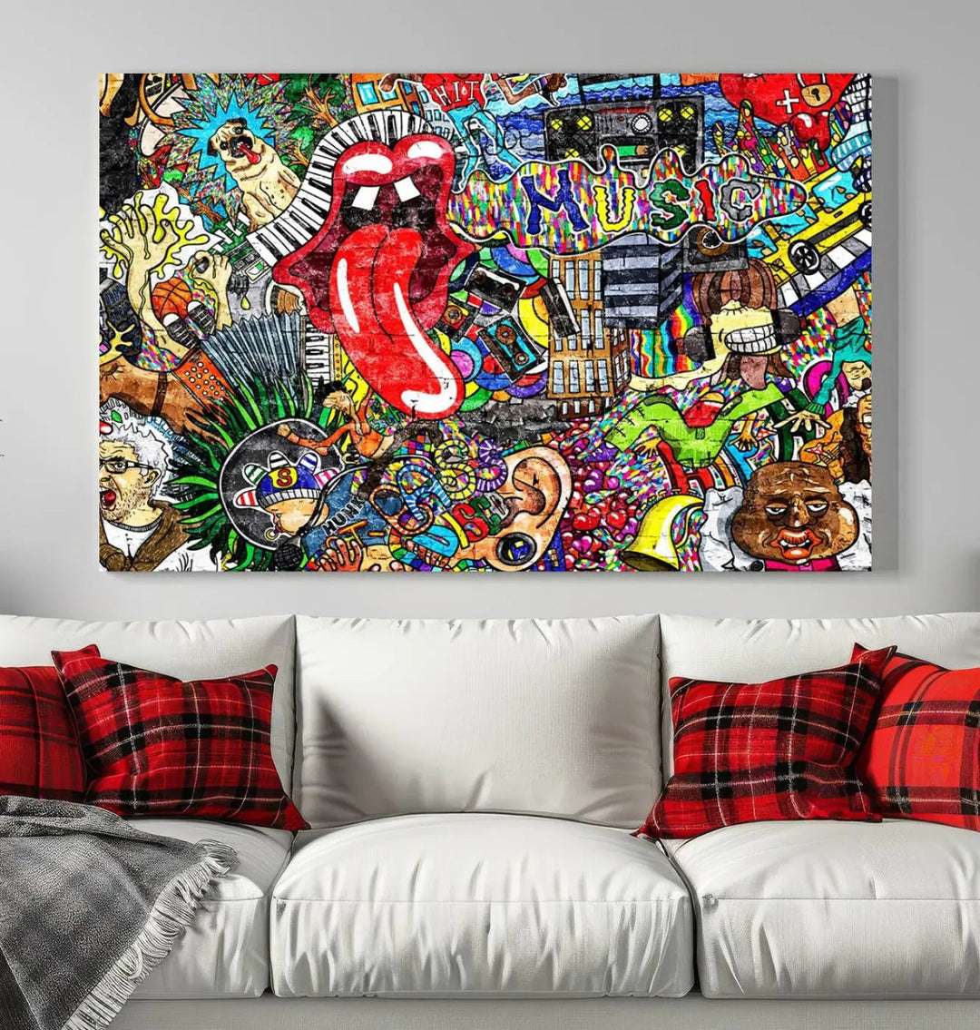 The Vibrant Music Graffiti Wall Art Canvas Print, featuring an array of characters and symbols, brings life to a gallery-wrapped, museum-quality canvas. Its UV-protective coating keeps the artwork vibrant over time.