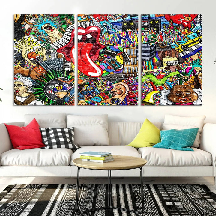 The Vibrant Music Graffiti Wall Art Canvas Print, featuring an array of characters and symbols, brings life to a gallery-wrapped, museum-quality canvas. Its UV-protective coating keeps the artwork vibrant over time.