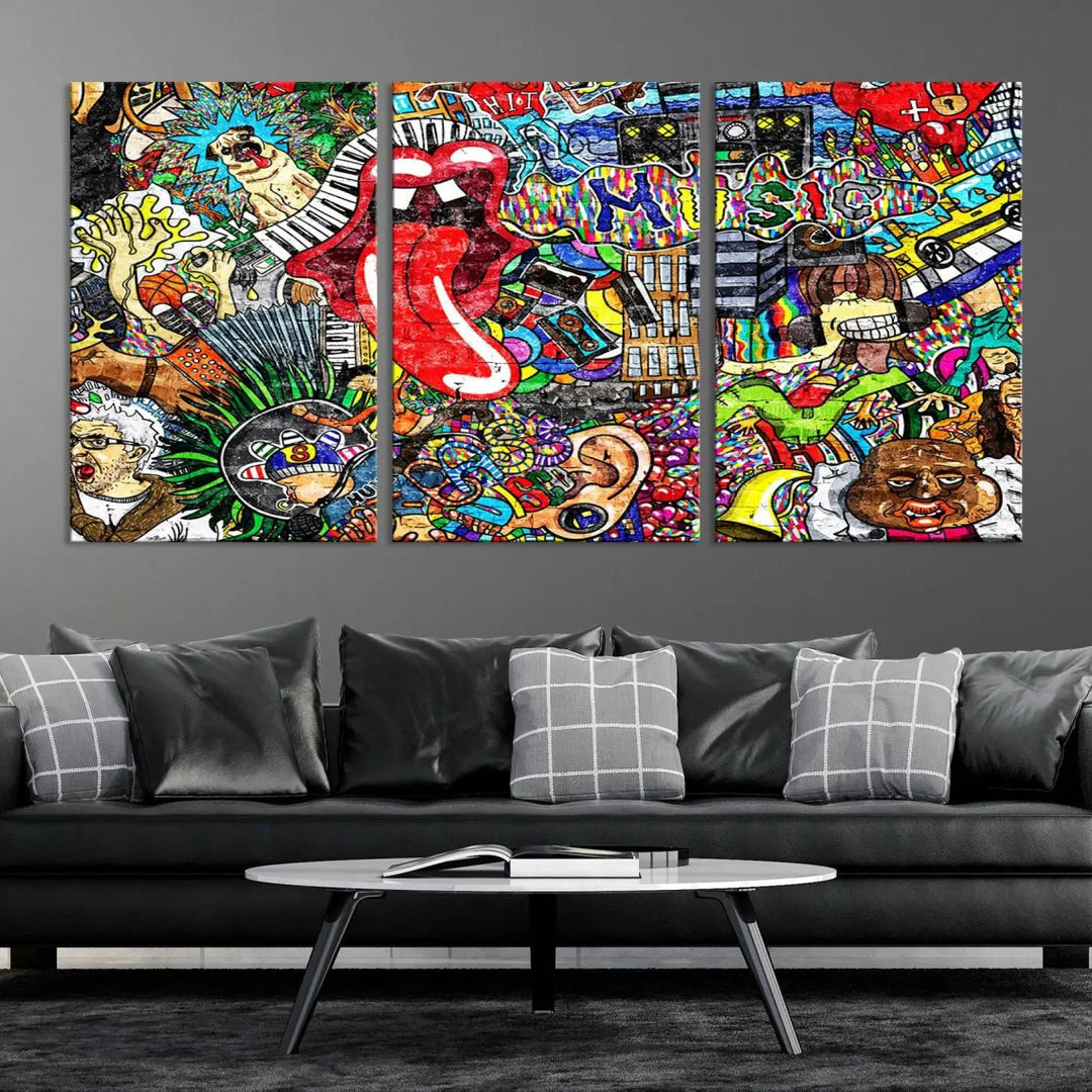 The Vibrant Music Graffiti Wall Art Canvas Print, featuring an array of characters and symbols, brings life to a gallery-wrapped, museum-quality canvas. Its UV-protective coating keeps the artwork vibrant over time.