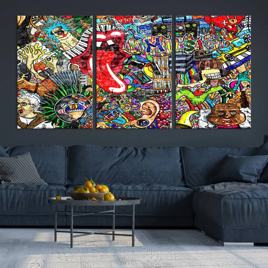 The Vibrant Music Graffiti Wall Art Canvas Print, featuring an array of characters and symbols, brings life to a gallery-wrapped, museum-quality canvas. Its UV-protective coating keeps the artwork vibrant over time.