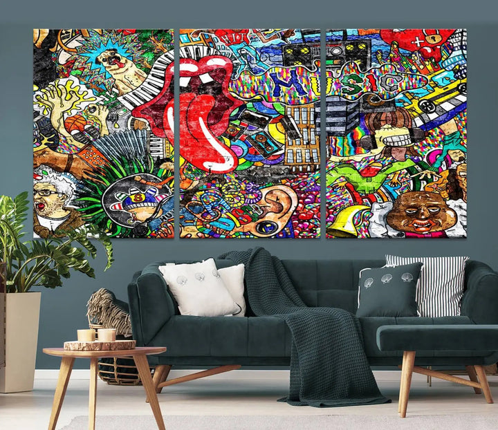 The Vibrant Music Graffiti Wall Art Canvas Print, featuring an array of characters and symbols, brings life to a gallery-wrapped, museum-quality canvas. Its UV-protective coating keeps the artwork vibrant over time.