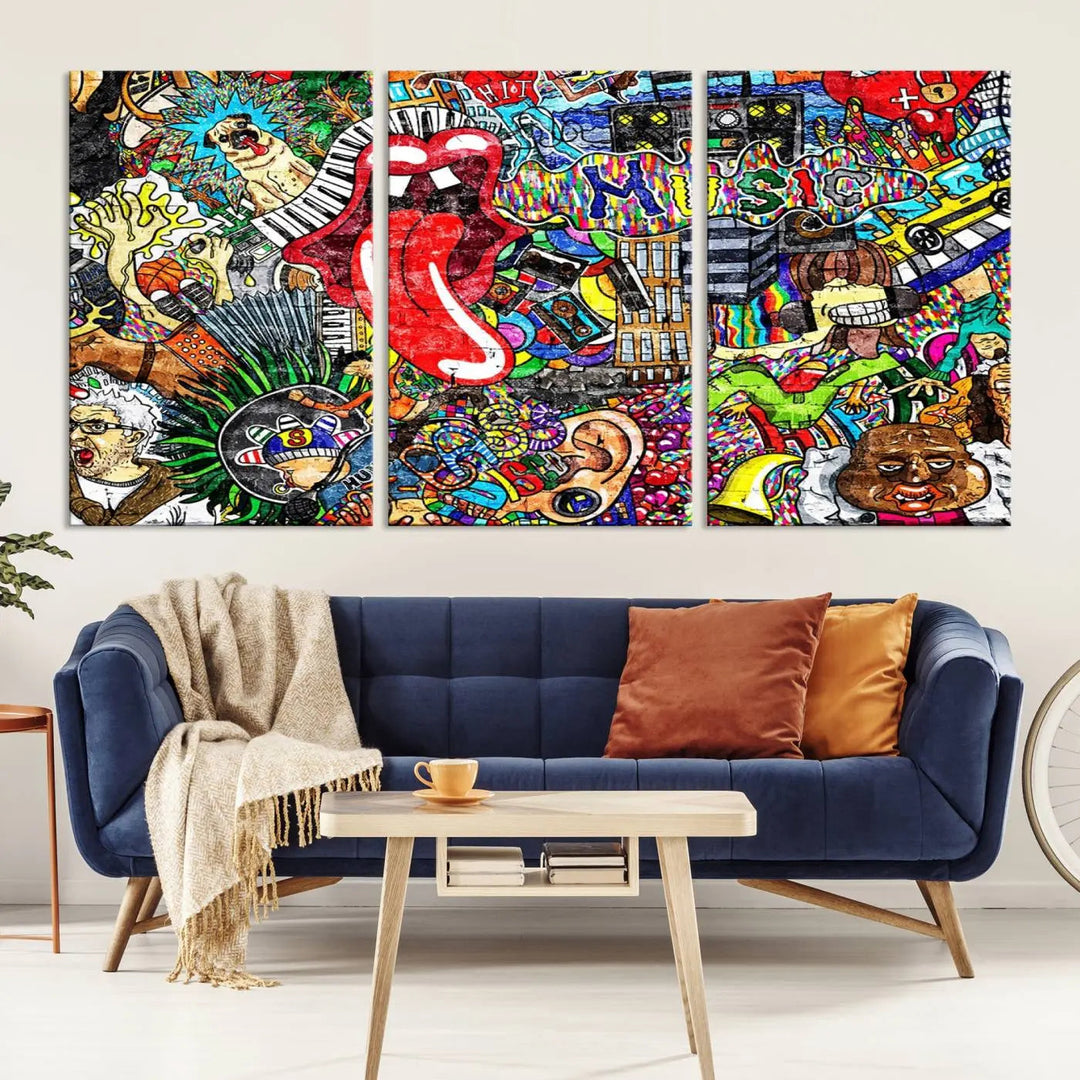 The Vibrant Music Graffiti Wall Art Canvas Print, featuring an array of characters and symbols, brings life to a gallery-wrapped, museum-quality canvas. Its UV-protective coating keeps the artwork vibrant over time.