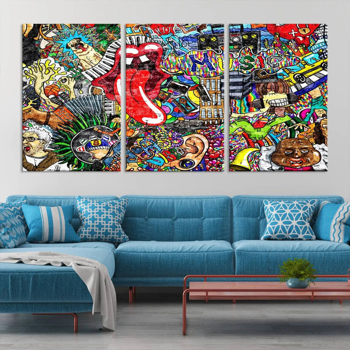 The Vibrant Music Graffiti Wall Art Canvas Print, featuring an array of characters and symbols, brings life to a gallery-wrapped, museum-quality canvas. Its UV-protective coating keeps the artwork vibrant over time.